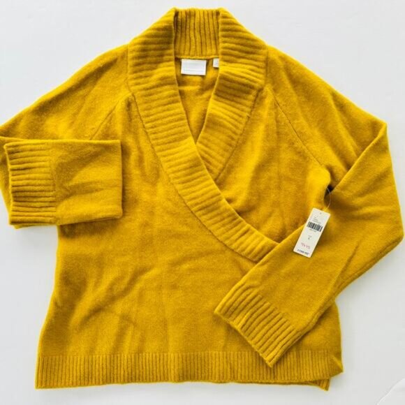 Anthropologie ett-twa Tessa Wrap Sweater Large Mustard V-Neck Wool Alpaca Knit - Picture 3 of 7